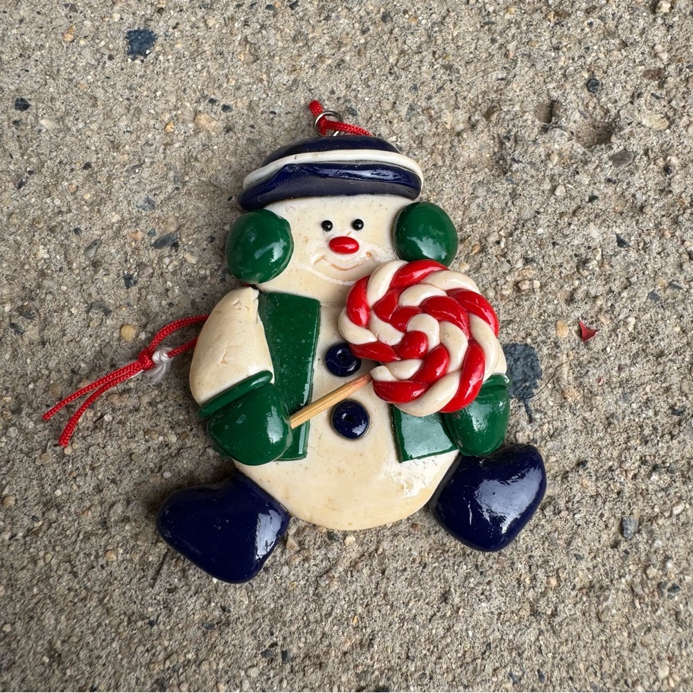 VTG Glazed Polymer Clay‎ Snowman Ornament with Lollipop Christmas